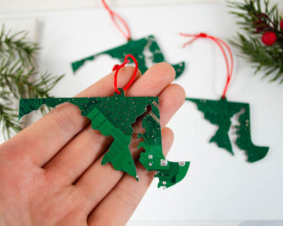 Maryland state shape made from upcycled green circuit board