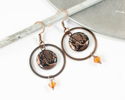 handmade copper earrings made from recycled motherboards