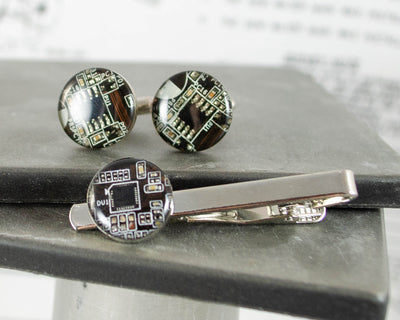 Circuit Board Cufflinks and Tie Bar Set Dark Brown, Gift for engineer made from recycled motherboards, upcycled jewelry for men