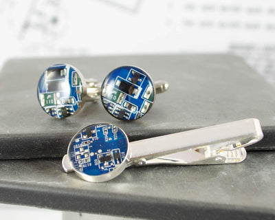 Circuit Board Cufflinks and Tie Bar Set Blue, Wearable Technology, Electrical Engineer Gift, Formal Accessories, Groomsmen Gift Set, Geekery