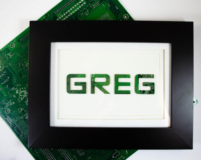 handmade framed art piece made from recycled circuit boards
