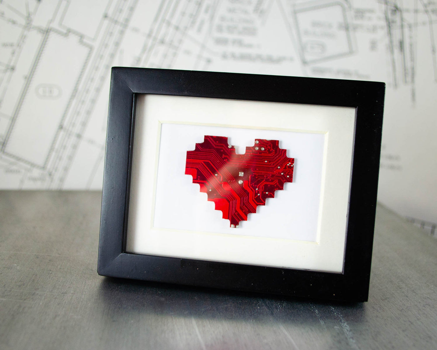 Mini Pixelated Heart Circuit Board Framed Art