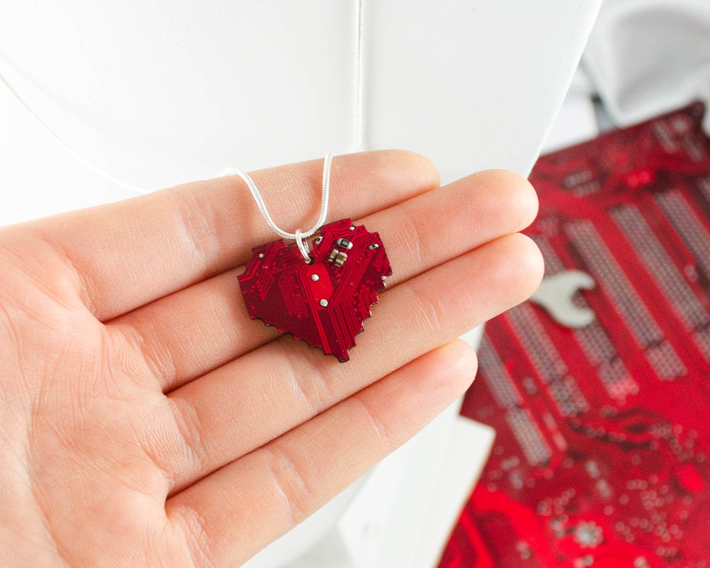 Red Circuit Board Pixelated Heart Necklace, Valentines Day Gift, Gamer Gift, Unique Heart Jewelry