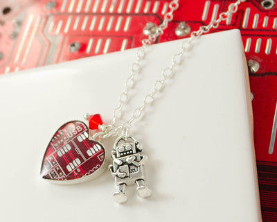 Heart Circuit Board Charm Necklace with Robot