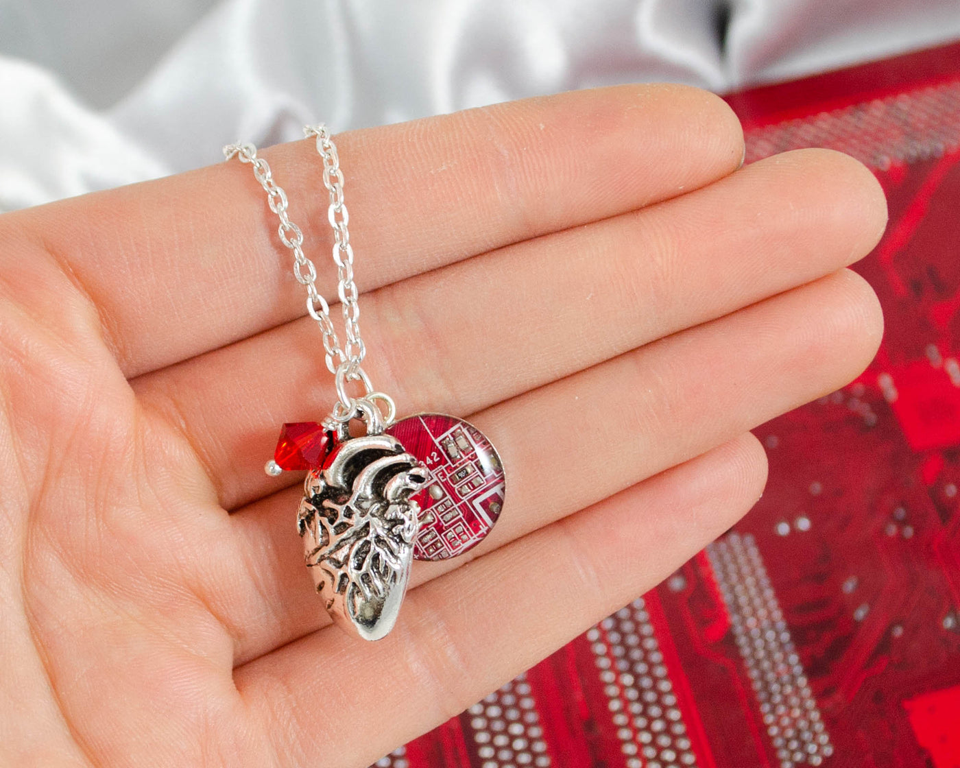 Anatomical Heart and Circuit Board Charm Necklace