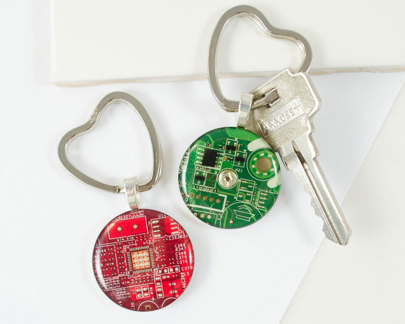 handmade circuit board keychain with heart shaped keyring