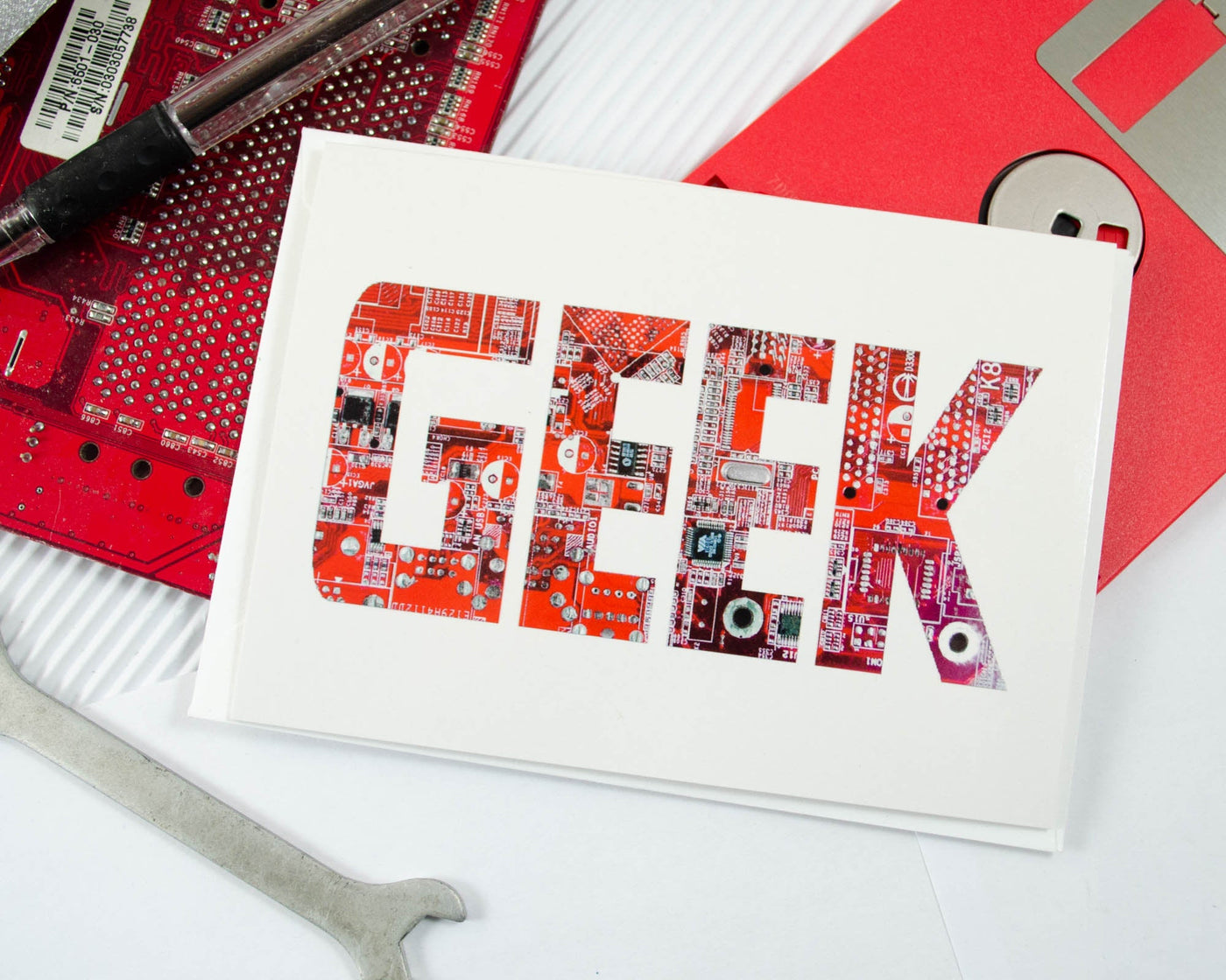 geek card made from recycled circuit board