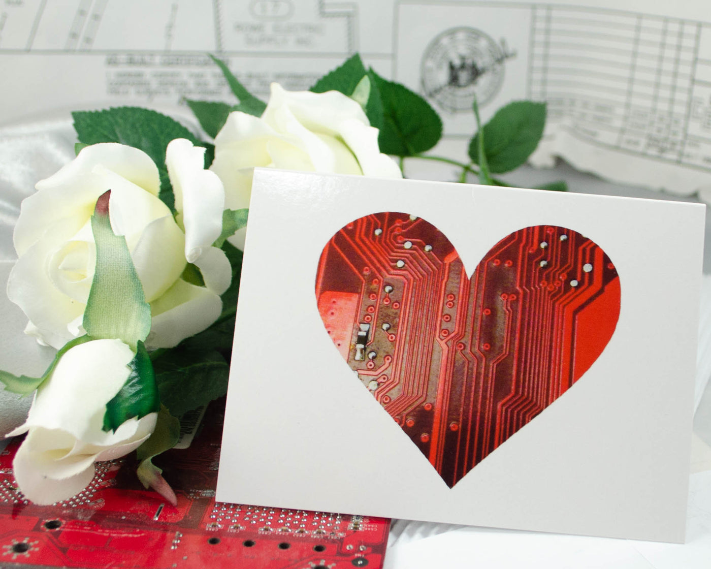 greeting card with circuit board heart shape