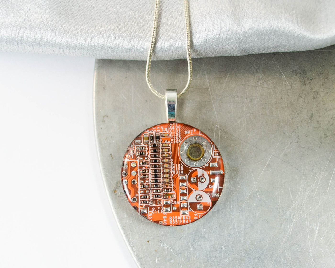 Large Circuit Board Necklace Orange, Recycled Motherboard Jewelry, Electrical Engineer Necklace, Geek Chic Jewelry, Upcycled PCB Neckalce