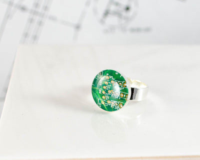 Recycled Circuit Board Adjustable Ring Green, Computer Jewelry