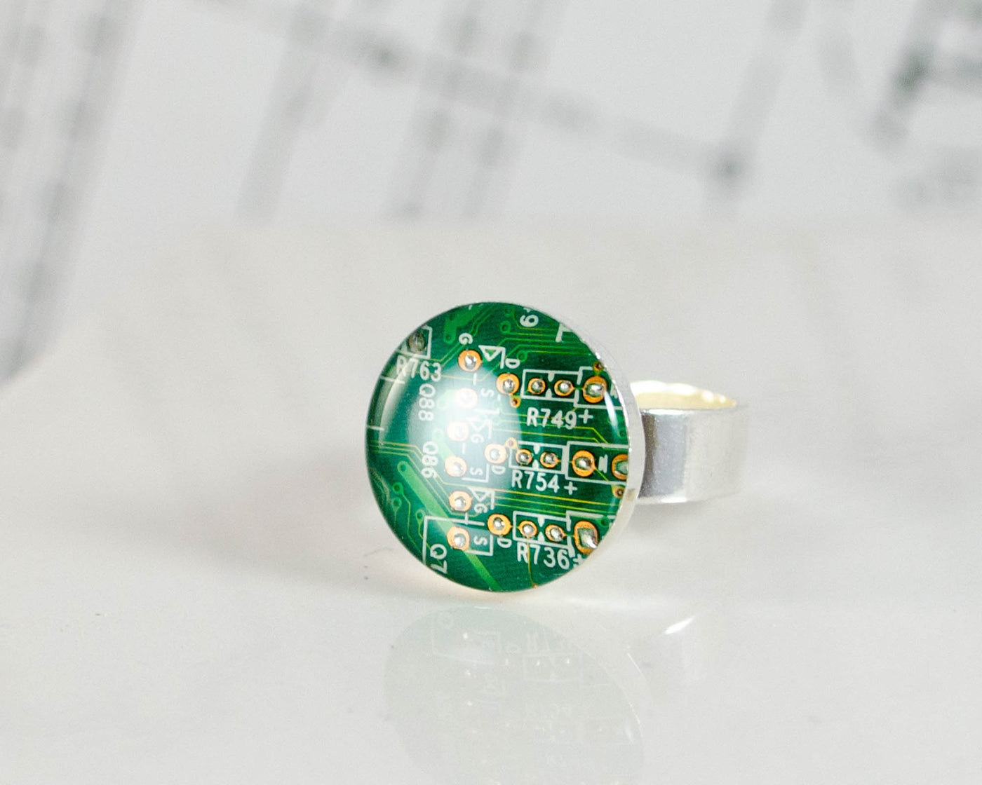 Recycled Circuit Board Adjustable Ring Green, Computer Jewelry