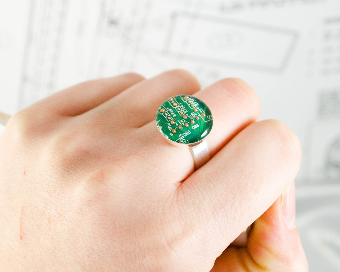 Recycled Circuit Board Adjustable Ring Green, Computer Jewelry