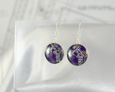 Circuit Board Earrings, Violet Sterling Silver Jewelry, Purple Dangle Earrings, Silver Earrings, Software Engineer, Women in Computing, Geek