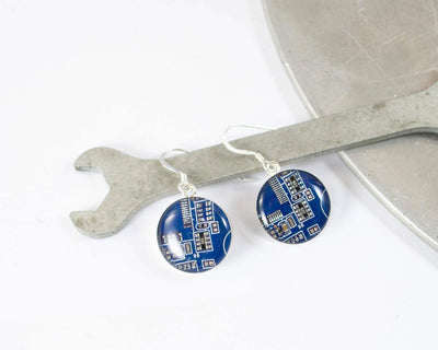 Circuit Board Earrings, Blue Sterling Silver Jewelry, Blue Dangle Earrings, Software Engineer, Women in Computing, Wearable Technology