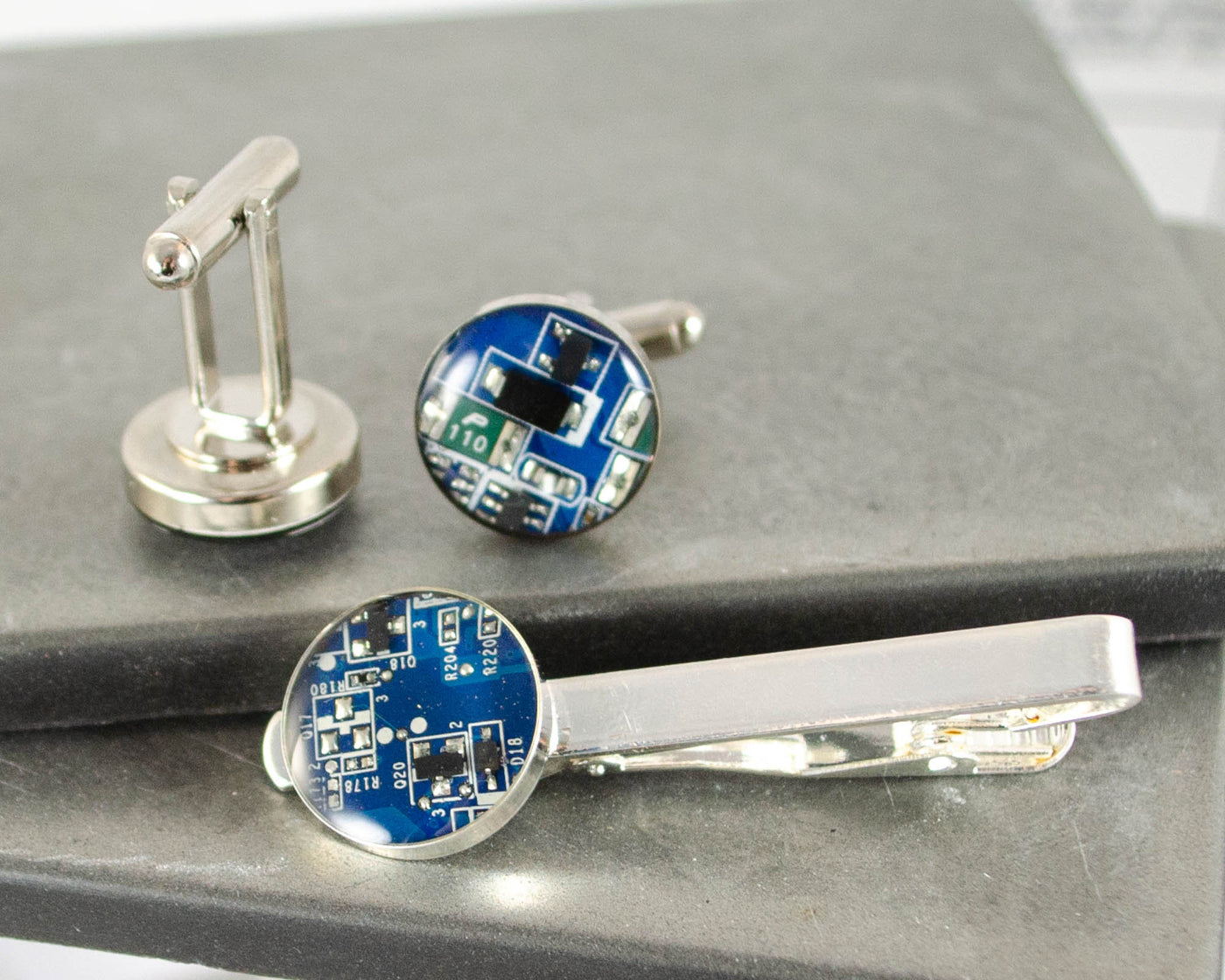 Circuit Board Cufflinks and Tie Bar Set Blue, Wearable Technology, Electrical Engineer Gift, Formal Accessories, Groomsmen Gift Set, Geekery
