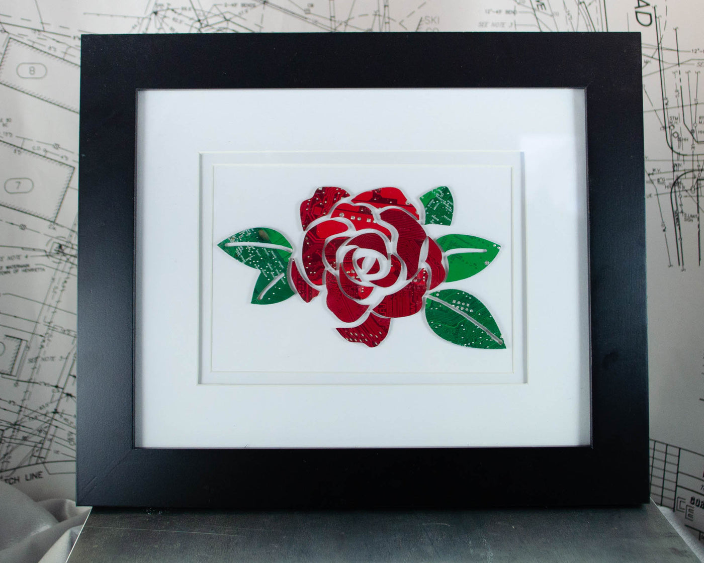 rose artwork made from upcycled circuit boards
