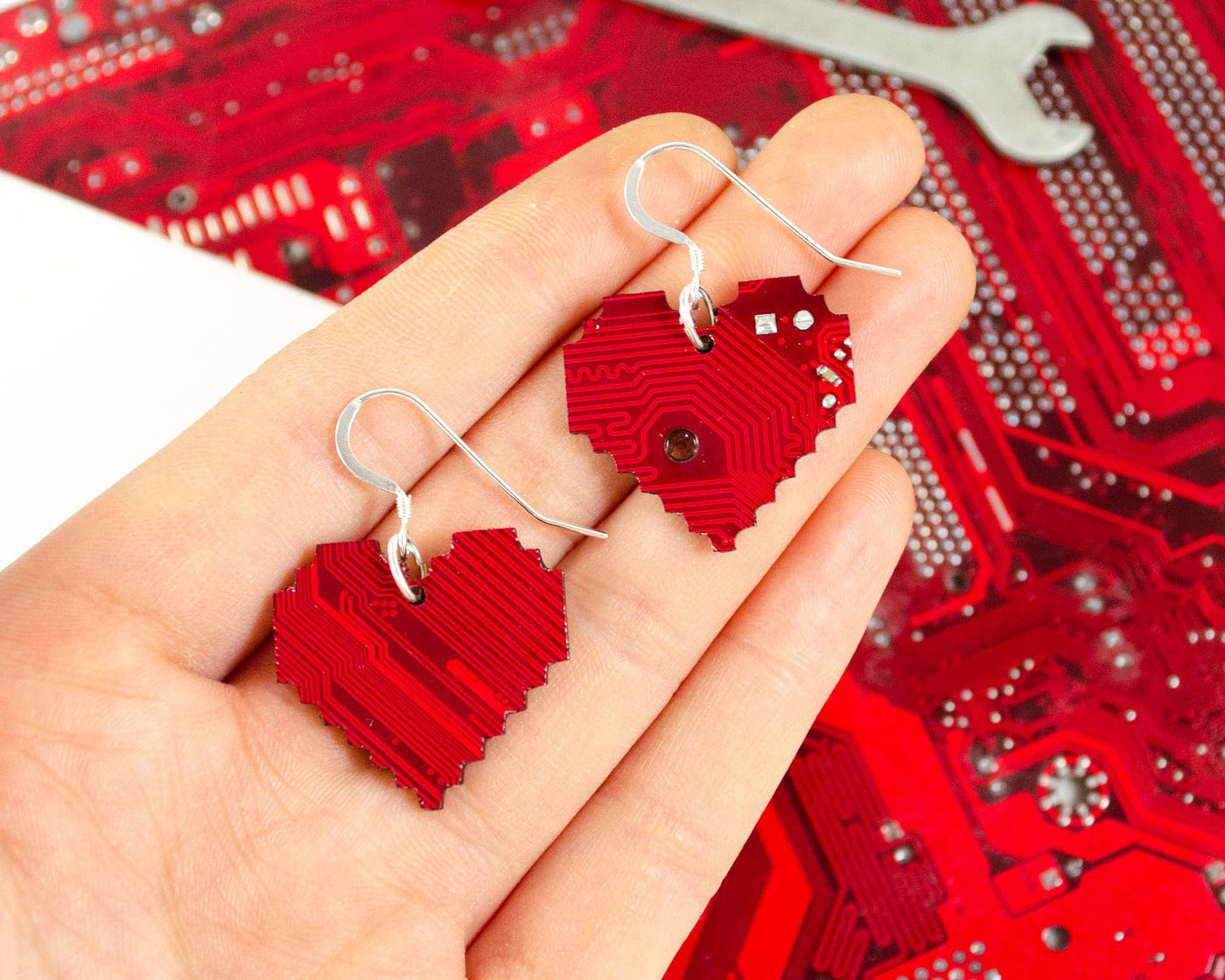 Red Circuit Board Pixelated Heart Earrings, Valentines Day Gift, Gamer Gift, Unique Heart Jewelry
