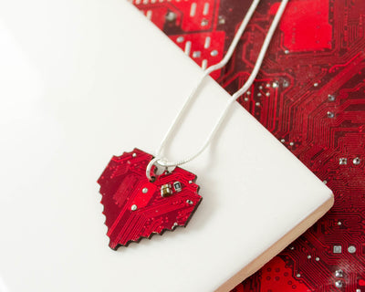 pixelated heart necklace made from recycled circuit boards
