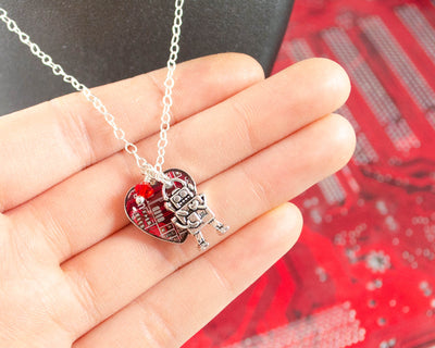 Heart Circuit Board Charm Necklace with Robot