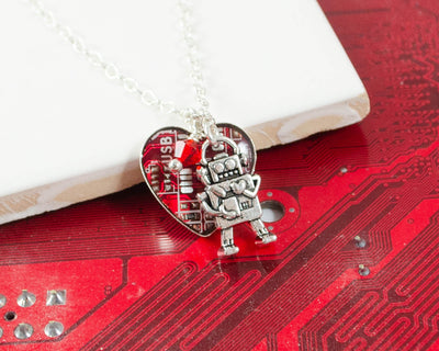 heart shaped circuit board necklace with robot charm