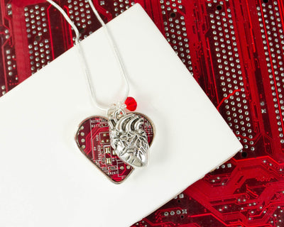 circuit board heart necklace with anatomical heart charm