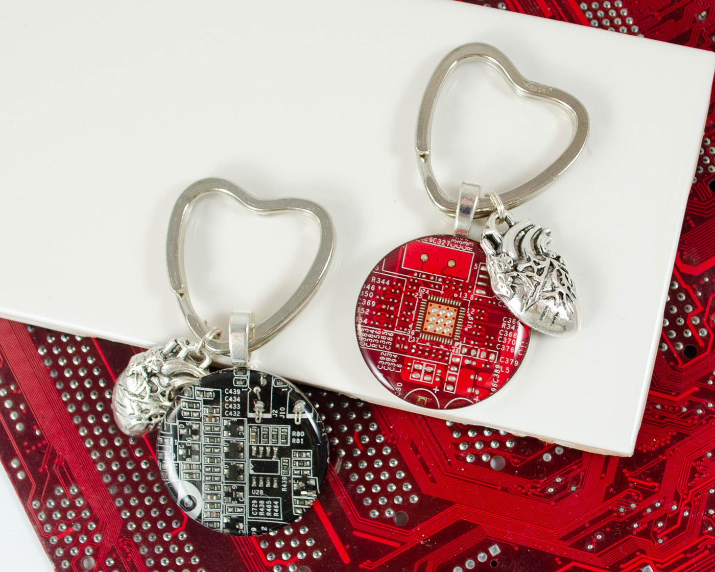 circuit board keychain with anatomical heart charm and heart shaped keyring