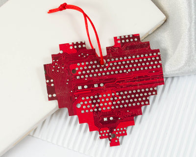 handmade circuit board pixelated heart ornament