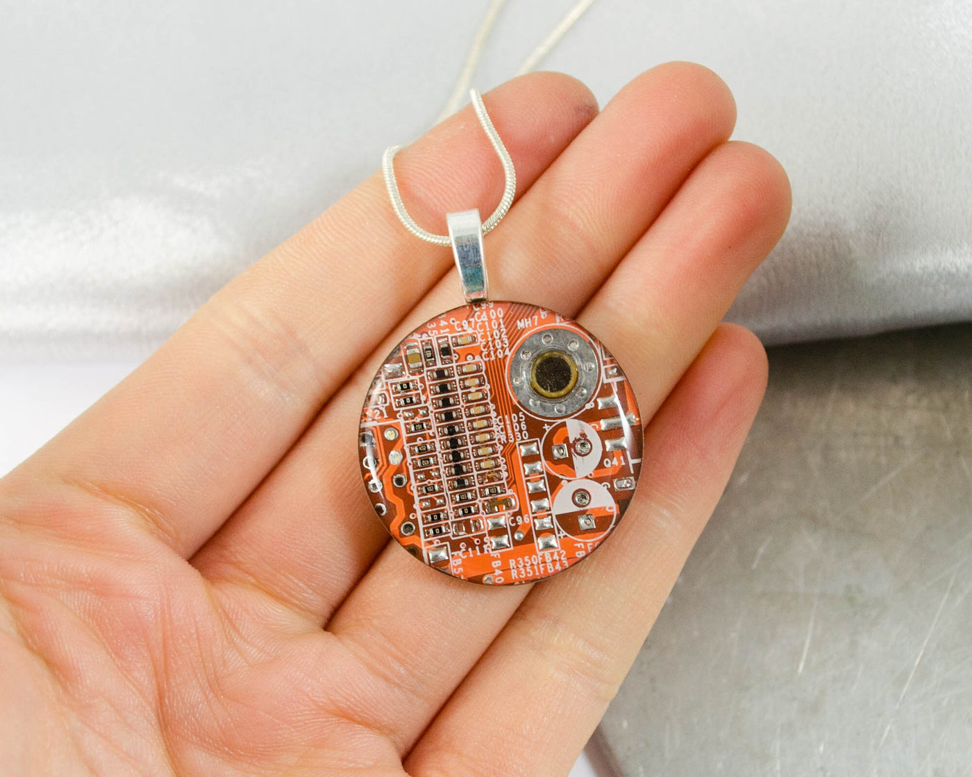 Large Circuit Board Necklace Orange, Recycled Motherboard Jewelry, Electrical Engineer Necklace, Geek Chic Jewelry, Upcycled PCB Neckalce