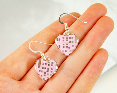 Pink Circuit Board Heart Earrings, Medium Size, Programmer Jewelry, Women in Computing Gift, Techie Earrings, Geek Chic Jewelry