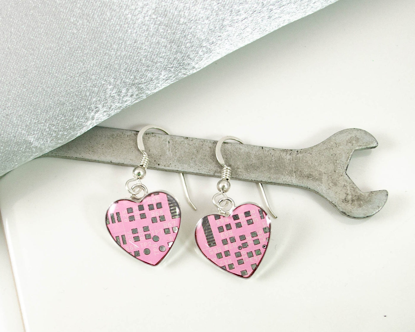 Pink Circuit Board Heart Earrings, Medium Size, Programmer Jewelry, Women in Computing Gift, Techie Earrings, Geek Chic Jewelry