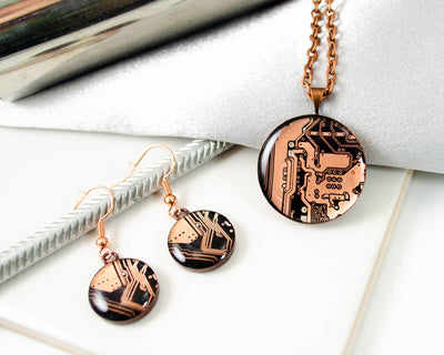 Copper Circuit Board Necklace and Earring Set, Recycled Computer Motherboard Jewelry