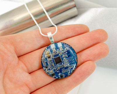 Circuit Board Necklace LARGE Blue, Recycled Motherboard Jewelry, Wearable Technology, Computer Gift, Computer Programmer, Upcycled