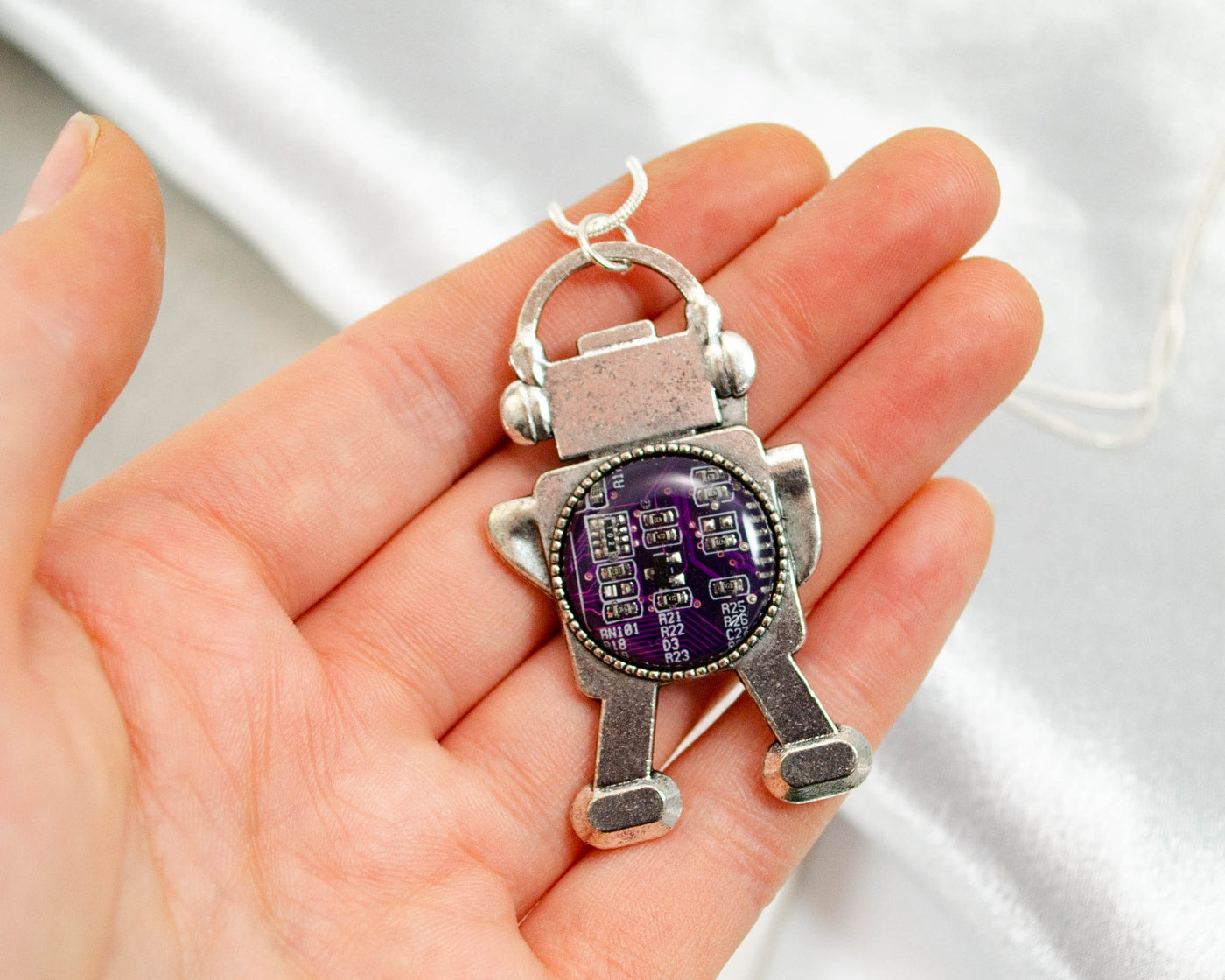 Violet Circuit Board Robot Necklace, Robotics Jewelry, Robot Engineering Gift, Cyber Punk Gift