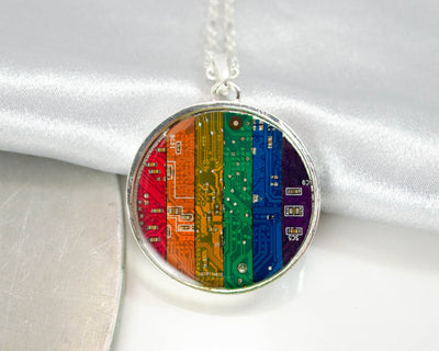 Giant Rainbow Circuit Board Necklace, Rainbow Statement Necklace, Computer Programmer Gift, Rainbow Pride Necklace