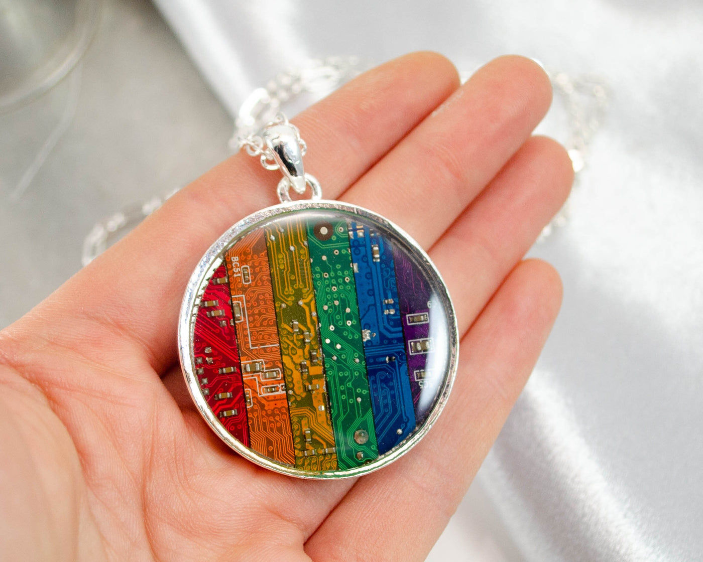 Giant Rainbow Circuit Board Necklace, Rainbow Statement Necklace, Computer Programmer Gift, Rainbow Pride Necklace