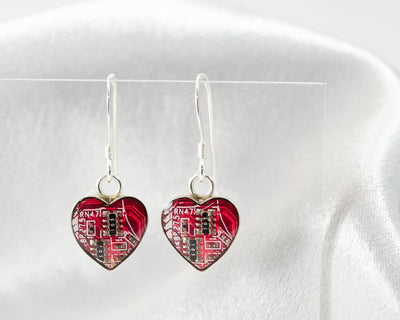 Red Circuit Board Heart Earrings, Short Earwire, Computer Engineer Valentine's Day Gift, Science Teacher Appreciation, Technology Jewelry
