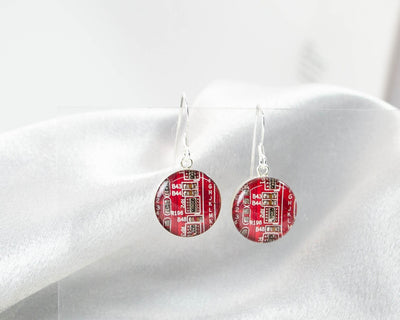 Circuit Board Earrings, Red Sterling Silver Jewelry, Red Dangle Earrings, Silver Earrings, Computer Engineer Gift, Women in Computing, Geek