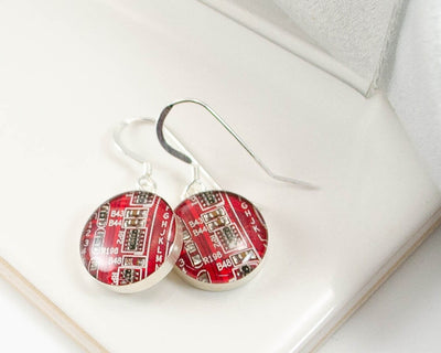 Circuit Board Earrings, Red Sterling Silver Jewelry, Red Dangle Earrings, Silver Earrings, Computer Engineer Gift, Women in Computing, Geek