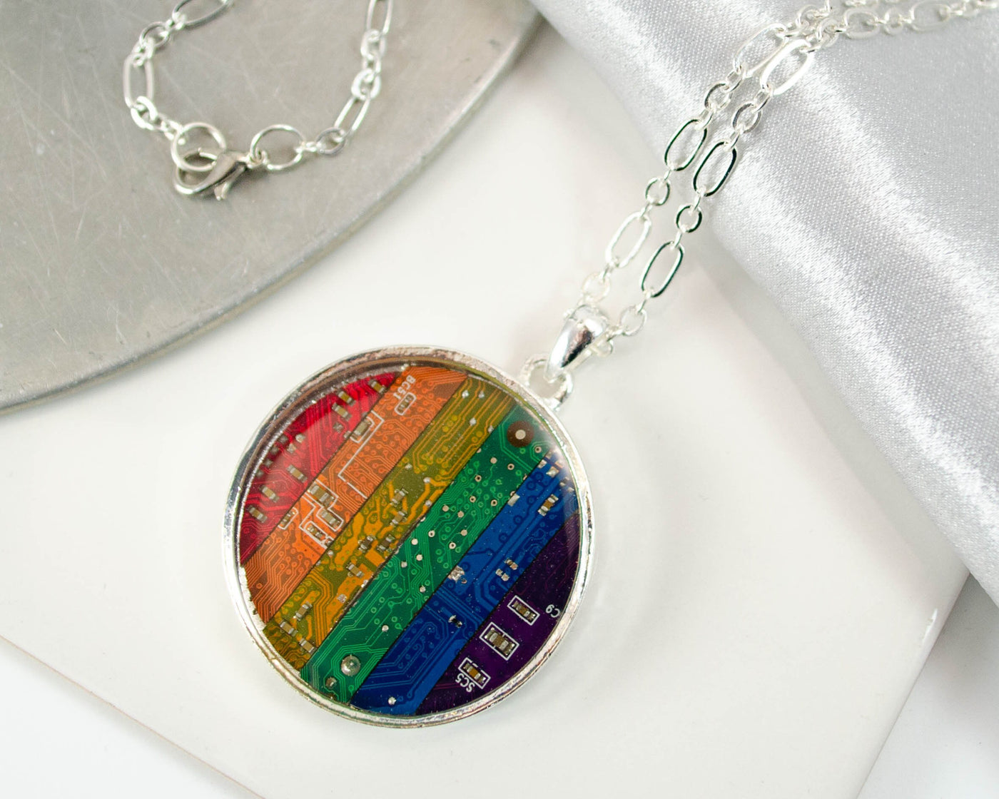 Giant Rainbow Circuit Board Necklace, Rainbow Statement Necklace, Computer Programmer Gift, Rainbow Pride Necklace