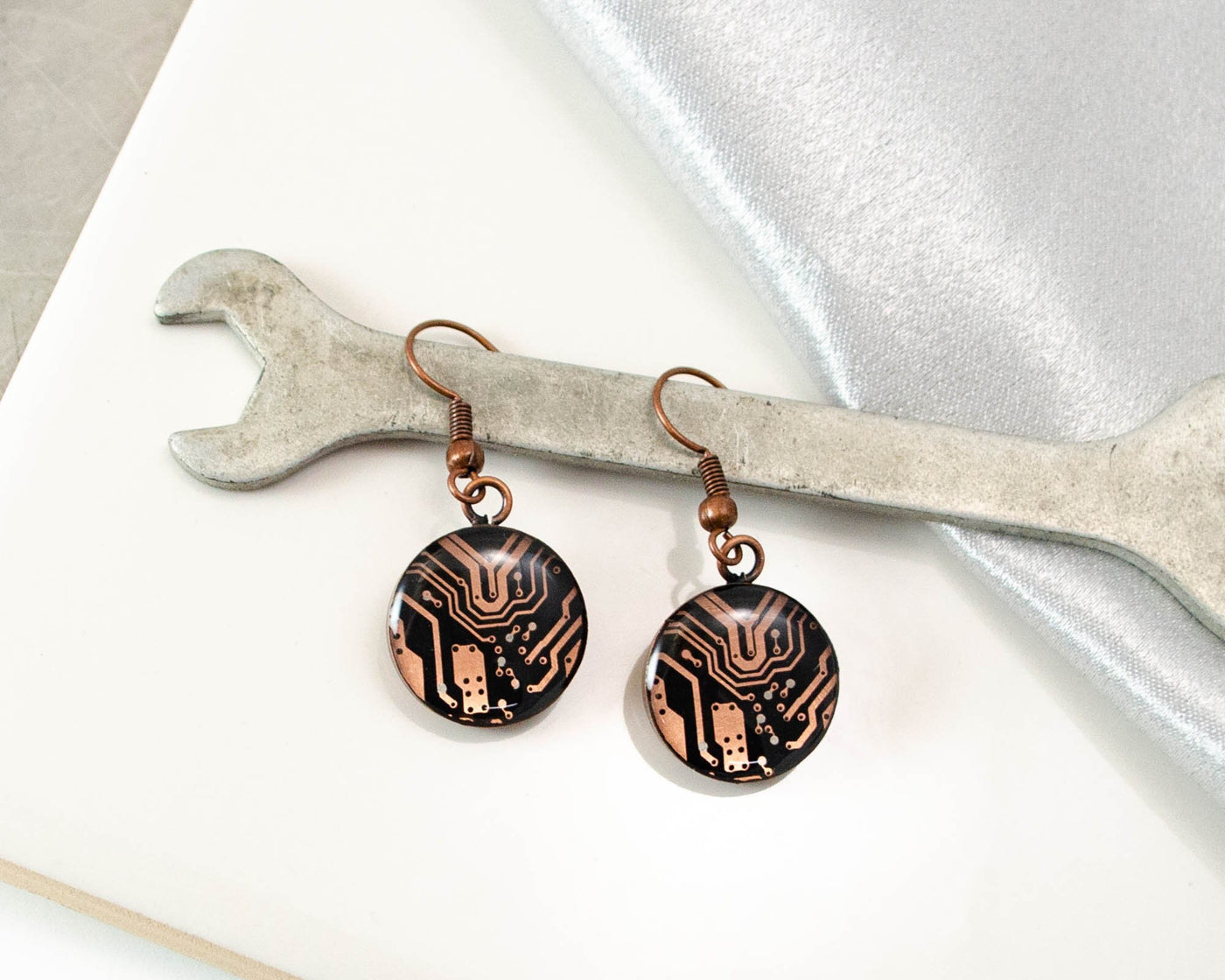 Copper Recycled Circuit Board Earrings, Short Earwire, Gift for Engineer, Women in Science, Elegant Geek Jewelry