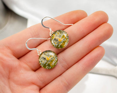 Circuit Board Earrings, Yellow Sterling Silver Jewelry, Yellow Dangle Earrings, Industrial Chic, Techie Jewelry, Wearable Technology