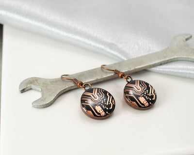 Copper Recycled Circuit Board Earrings, Short Earwire, Gift for Engineer, Women in Science, Elegant Geek Jewelry