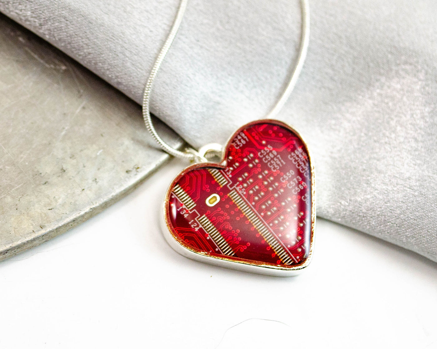 Circuit Board Heart Necklace Red, Recycled Geeky Jewelry, Love Necklace, Geeky Heart Jewelry, Engineer Gift for Her, Anniversary Necklace
