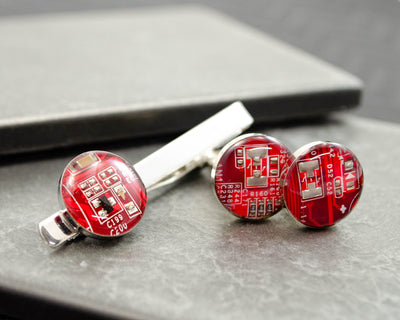 Circuit Board Cufflinks and Tie Bar Set Red, Made from Recycled Motherboard