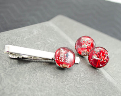 Circuit Board Cufflinks and Tie Bar Set Red, Made from Recycled Motherboard