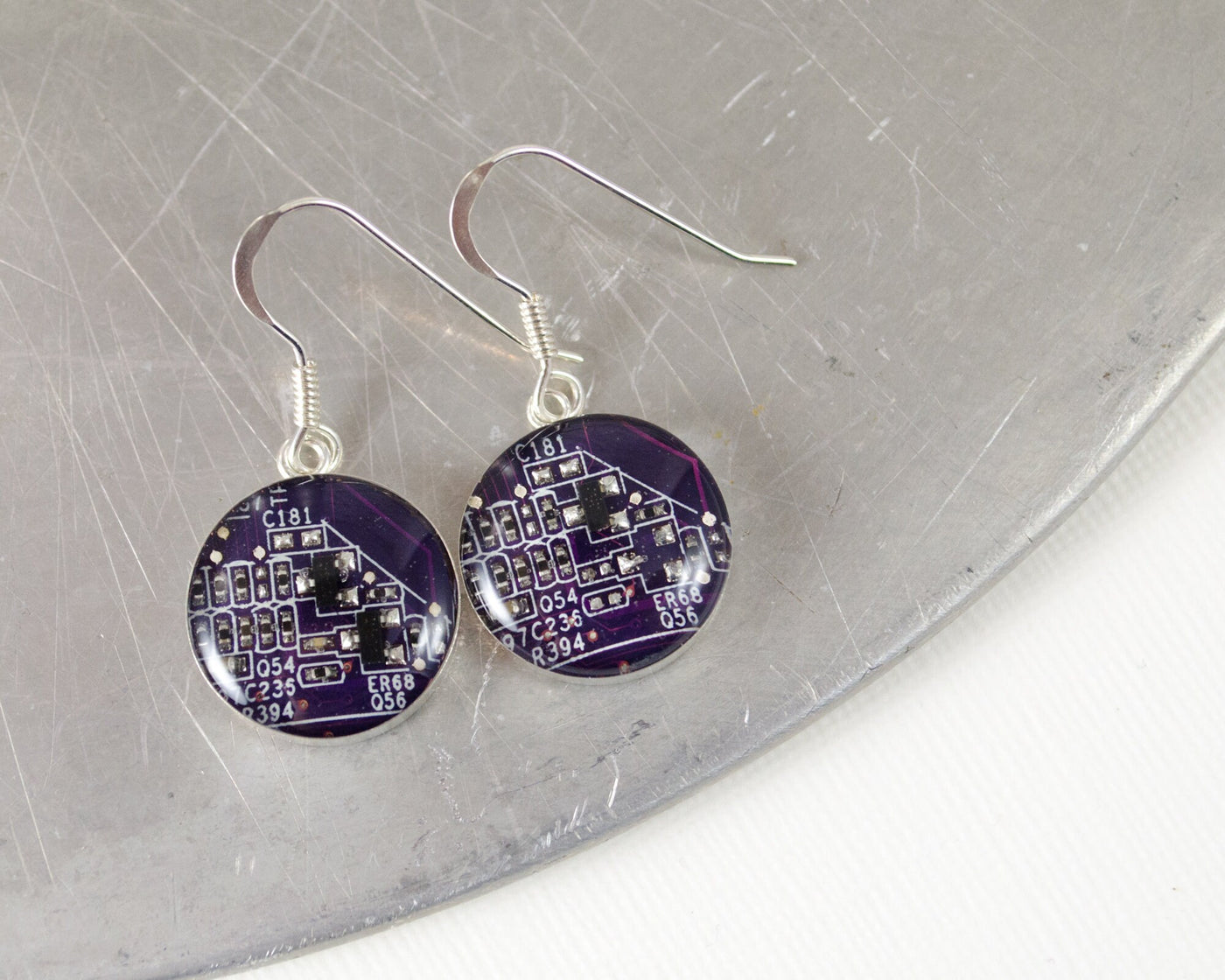 Circuit Board Earrings, Violet Sterling Silver Jewelry, Purple Dangle Earrings, Silver Earrings, Software Engineer, Women in Computing, Geek