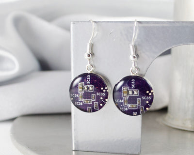 Circuit Board Earrings, Violet Sterling Silver Jewelry, Purple Dangle Earrings, Silver Earrings, Software Engineer, Women in Computing, Geek