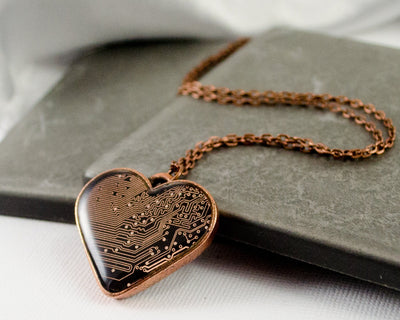 Brown and Copper Circuit Board Heart Necklace, Recycled Circuit Board Jewelry, Love Necklace, Geeky Heart Jewelry, Anniversary Necklace