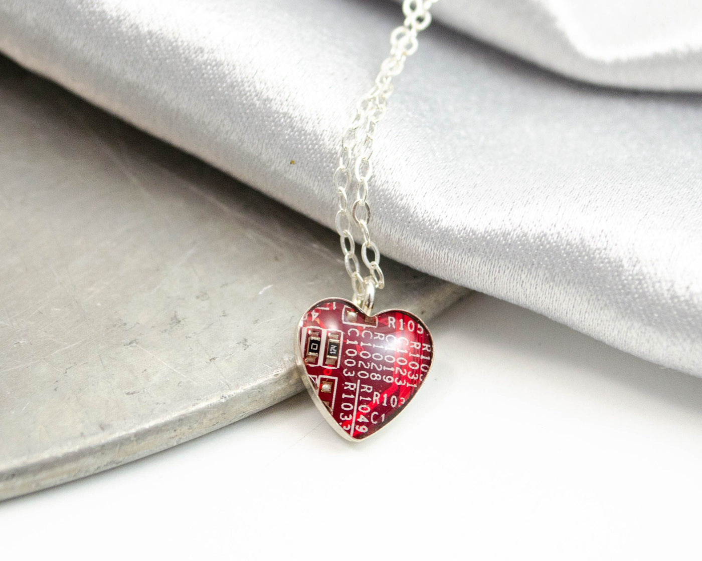 Tiny Red Heart Circuit Board Necklace, Sterling Silver Necklace