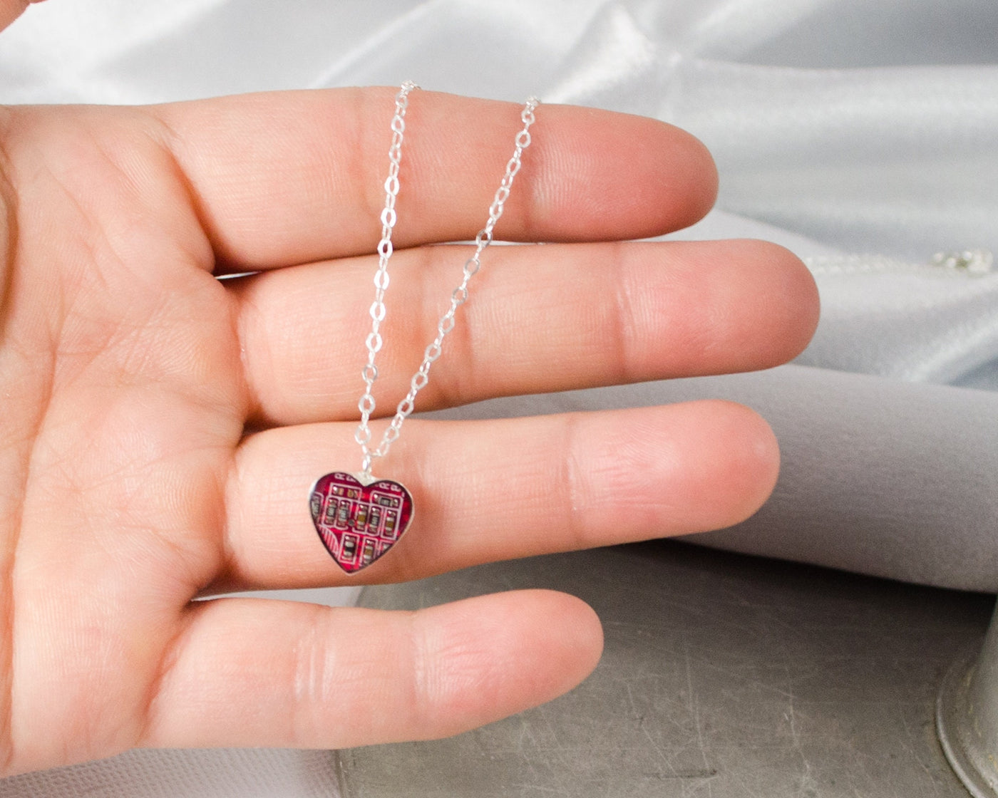 Tiny Red Heart Circuit Board Necklace, Sterling Silver Necklace